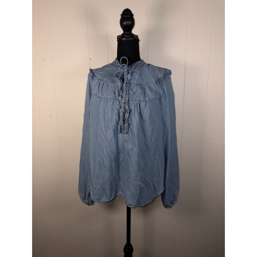 Maeve Anthropologie Shirt‎ Womens S Blue Chambray Ruffle Peasant Boho Top